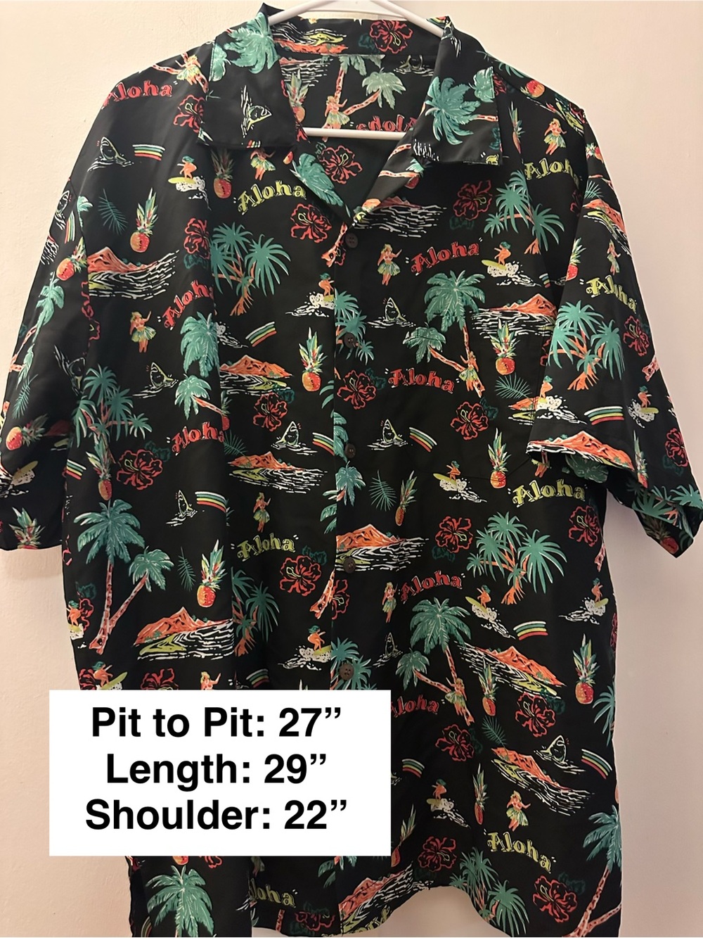 Men's Black Hawaiian Aloha Print Short-Sleeve Button-Down Shirt Lightweight